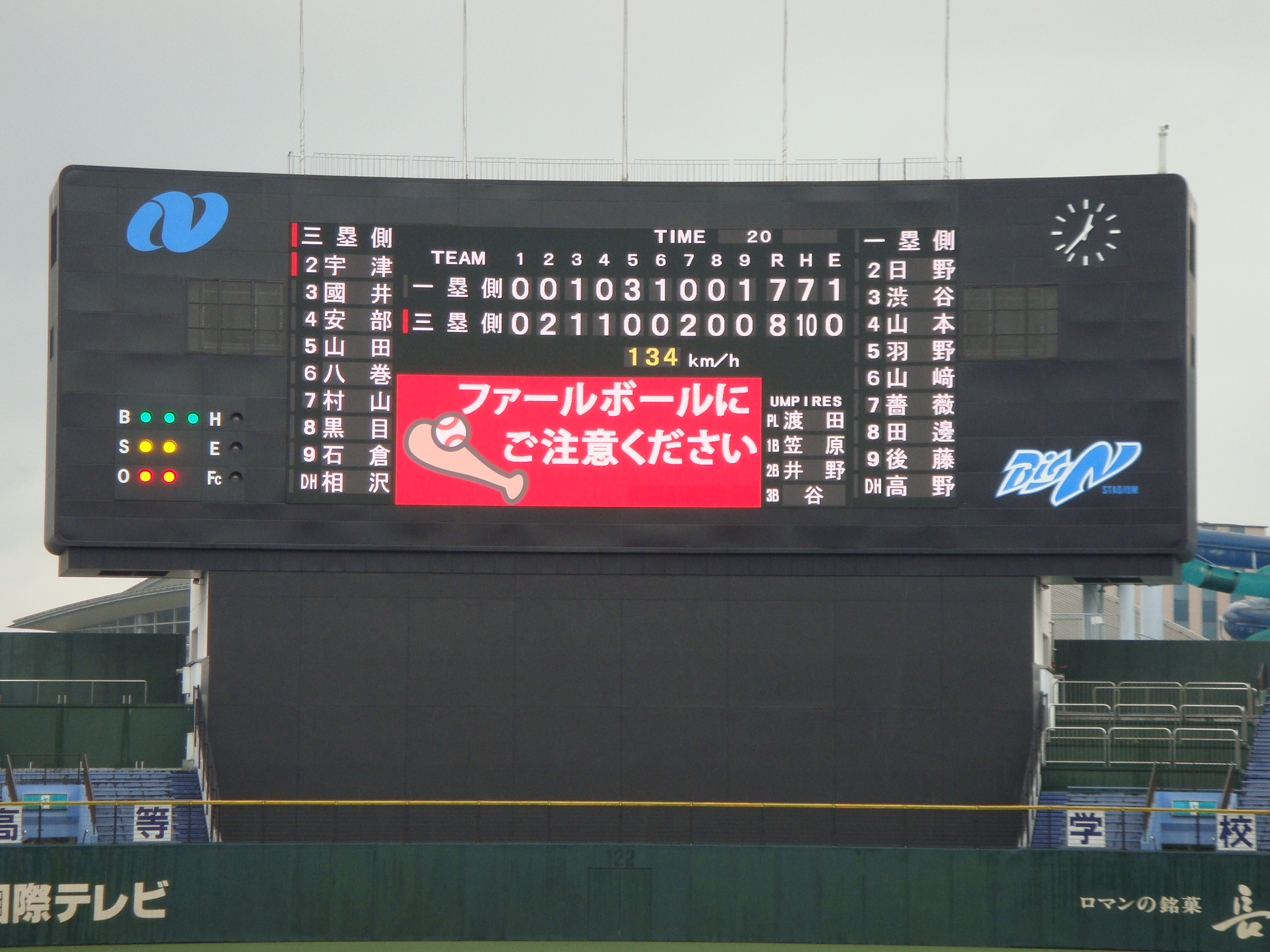 ビックNスタジアムナイター照明光表示スコアボード